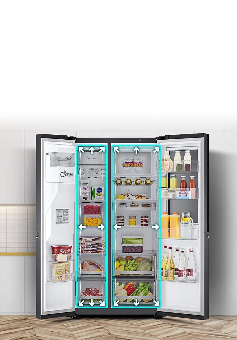 A video begins with the front view of the refrigerator with both doors wide open.