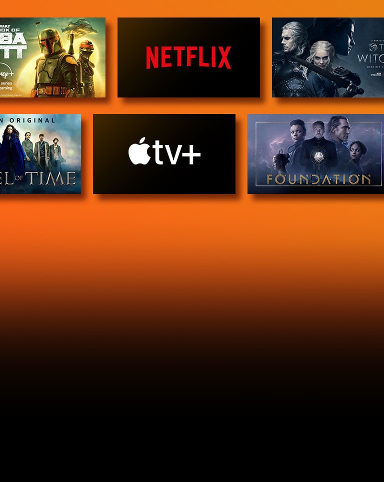 There are logos of streaming service platforms and matching footages right next to each logo. Netflix logo and money heist and the Witcher. Prime Video logo and Without Remorse and The Wheel of Time. Livenow logo and mamamoo teaser image and OneUs teaser image. Apple TV plus logo and Foundation and Finch.