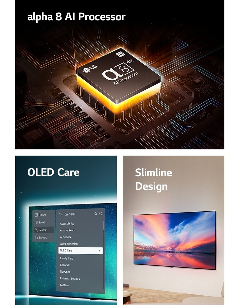 LG's alpha 8 AI Processor on top of a motherboard, emitting orange bolts of light.  OLED TV with the OLED Care menu is selected in the support menu that is up on the screen.  The slimline design in a side of view as it is placed flat against the wall in a modern living space.