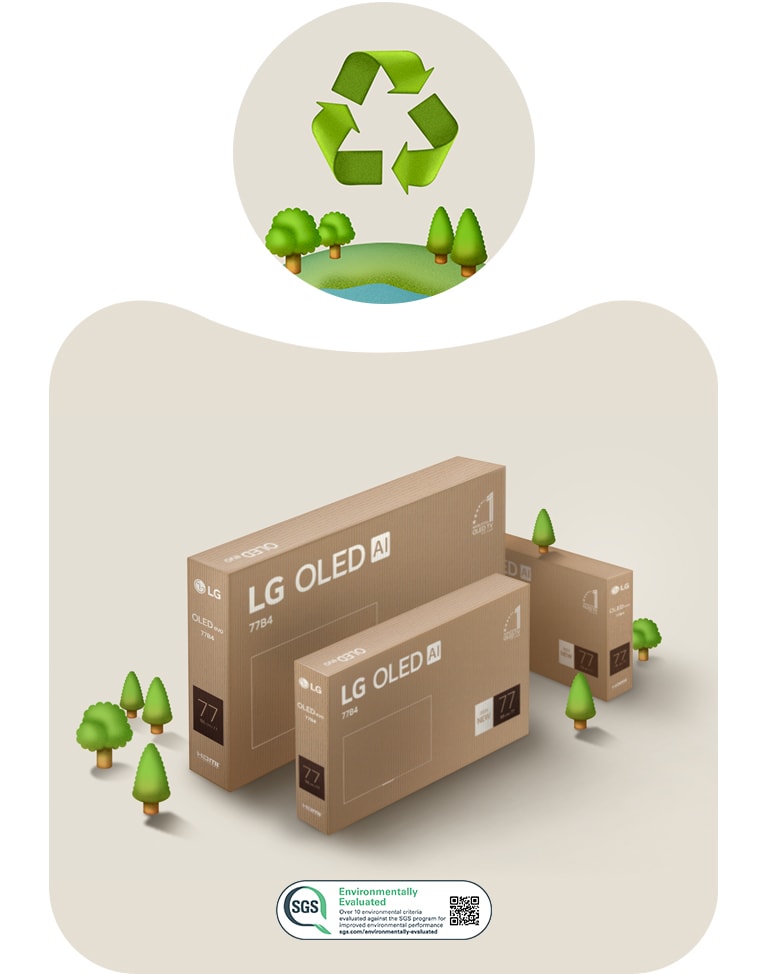 LG OLED packaging against a beige background with illustrated trees.