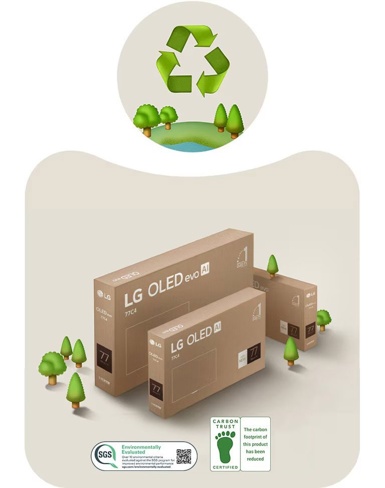 LG OLED packaging against a beige background with illustrated trees.