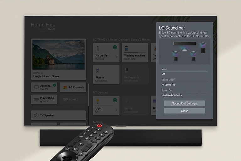 A remote control pointed at an LG OLED TV showing settings on the right side of the screen.