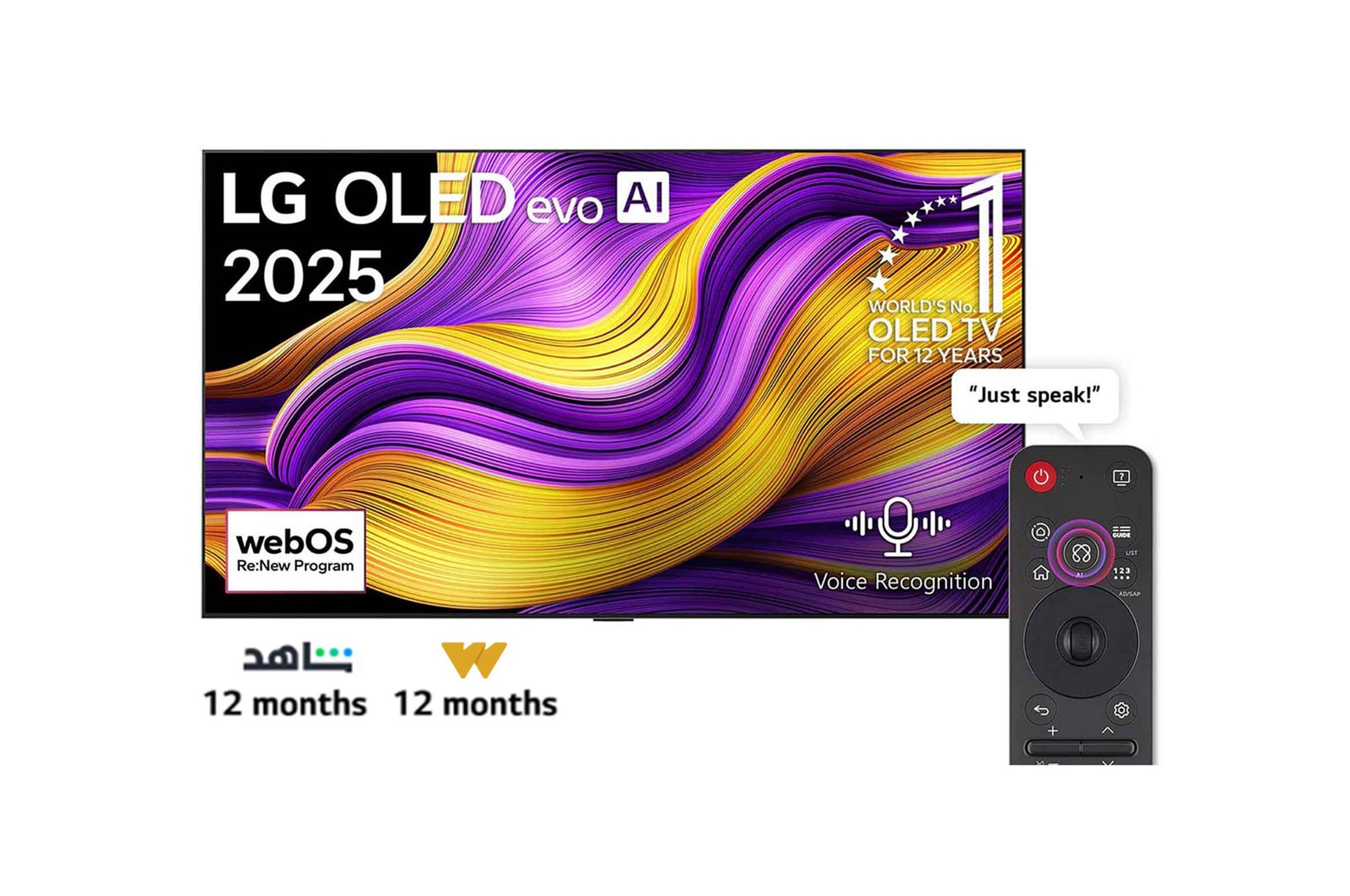Front view of LG OLED evo AI G5 4K Smart TV. 12 Years of world number 1 OLED emblem and LG OLED evo AI 2025 logo are on the screen.