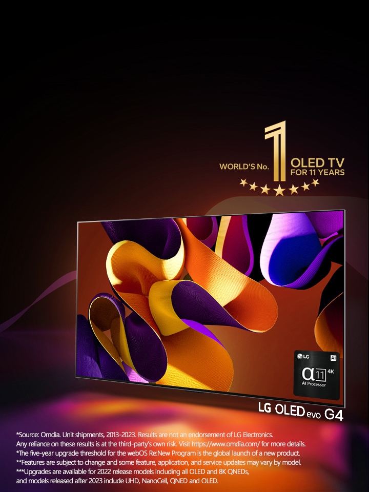 An image of LG OLED evo G4 with an abstract, colorful artwork on screen against a black backdrop with subtle swirls of color. Light radiates from the screen, casting colorful shadows. The α11 AI Processor 4K is at the bottom right corner of the TV screen. The "World's No. 1 OLED TV for 11 Years" emblem is in the image. A disclaimer reads: "Source: Omdia. Unit shipments, 2013-2023. Results are not an endorsement of LG Electronics. Any reliance on these results is at the third-party’s own risk. Visit https://www.omdia.com/ for more details."