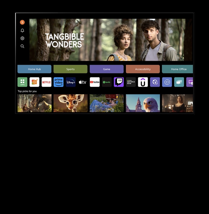 «Una pantalla de LG AI TV muestra la visualización de Mi Perfil. En el tercio superior, un banner de Tangible Wonders. Debajo del banner, se muestran los siguientes botones: Home Hub, Deportes, Juego, Accesibilidad, Home Office. Debajo de los botones, se muestran los siguientes logotipos: Canales LG, Netflix, Prime Video, Disney+, Apple TV, YouTube, Spotify, Twitch, GeForce Now y Udemy. Debajo de los logotipos, se muestran 5 miniaturas de películas bajo el texto «»Top picks for you«».  Pulsa con el cursor sobre la «S» inicial de la esquina superior izquierda. Se abre un menú desplegable LG Account y se muestran cinco nombres. El cursor hace clic en el segundo nombre y las miniaturas y los contenidos recomendados en pantalla cambian.»	