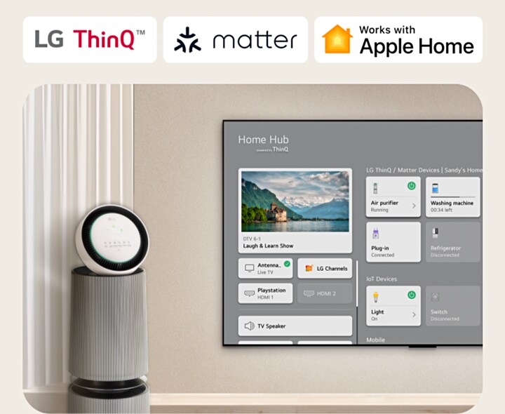 Un LG TV montado en una pared y un LG PuriCare™ Objet Collection 360° a la izquierda. El televisor muestra Home Hub y un cursor hace clic sobre “Purificador de aire” y se activa el LG PuriCare™ Objet Collection 360°.