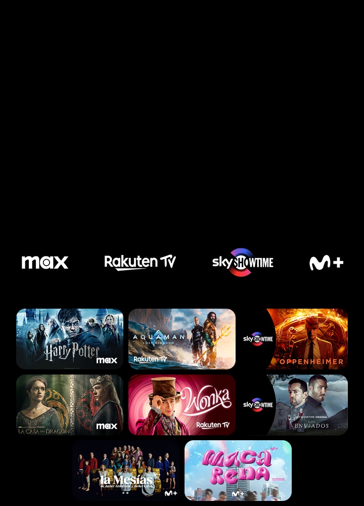 Las aplicaciones de Netflix, Prime Video, Disney+ y Apple TV aparecen una al aldo de la otra delante de un fondo azul. Debajo de los logotipos, hay 6 miniaturas en plano angular de posters de series de televisión y películas exclusivas que se mueven en direcciones horizontales y verticales diferentes. 