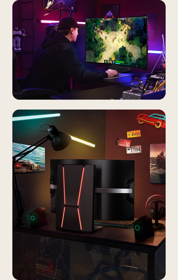 Dos configuraciones de juego diferentes con un LG OLED Flex en la mesa del ordenador. En una de ellas, se ve a un jugador utilizando el LG OLED Flex para jugar a un videojuego. En la otra configuración, se muestra la parte trasera del LG OLED Flex. Desde este ángulo, se destaca la curvatura de la pantalla del televisor.