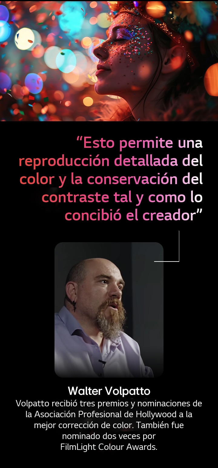 Sujeto humano contra un fondo de color con bokeh. Se destaca una cita de Walter Valpatto, un destacado director de fotografía, en la que habla de AI Director Processing, que permite conservar la reproducción detallada del color y el contraste tal y como lo concibió la persona que lo creó.