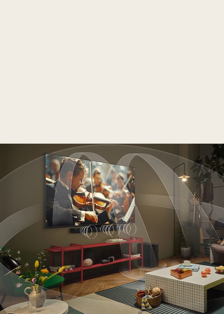 La barra de sonido LG está debajo de un televisor LG OLED. En la pantalla del televisor está la interfaz de usuario de la barra de sonido y los controles de volumen del televisor.  