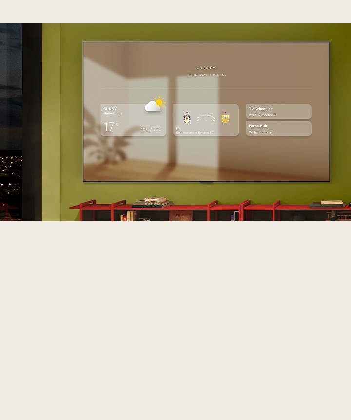 El panel informativo se muestra en un LG TV montado en la pared. Se muestran diferentes funciones, desde actualizaciones meteorológicas, alertas deportivas, programador de televisión, Home Hub y Google Calendar.