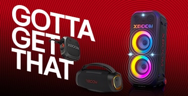 There is a black and red gradient background. On the left side, the text "GOTTA GET THAT" is displayed boldly. The XG2T is positioned around the text. At the bottom, the XG8T stands on the floor with yellow lighting illuminating it. On the right side, the XL9T is placed on the surface, with two multi-colored ring lightings  on. Sound graphics emanate from the XL9T and spread throughout the background. On the XL9T's LED panel, "XBOOM" is displayed. 