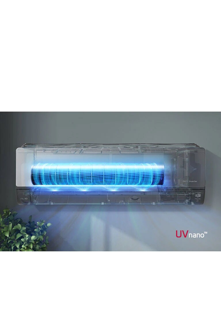 A video shows the front view of the air conditioner installed on a wall. The front of the machine is see through and it turns on to show the inner workings. The fans are highlighted blue to show the UV LED light that removes bacteria. Air blows out of the machine. The UVnano logo is in the bottom right corner.