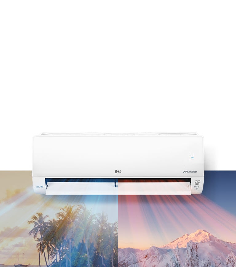 An LG air conditioner is hanging at the top center of the image. Beneath it are two images, one image shows a hot beach scene and the other shows a snowy mountain scene. Air blows out of the air conditioner with cool blue air on the beach scene and warm red air across the snowy scene.