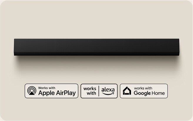 Una perspectiva aérea de una barra de sonido LG. Logotipo de Apple AirPlay Logotipo de Amazon Alexa Logotipo de Google Home