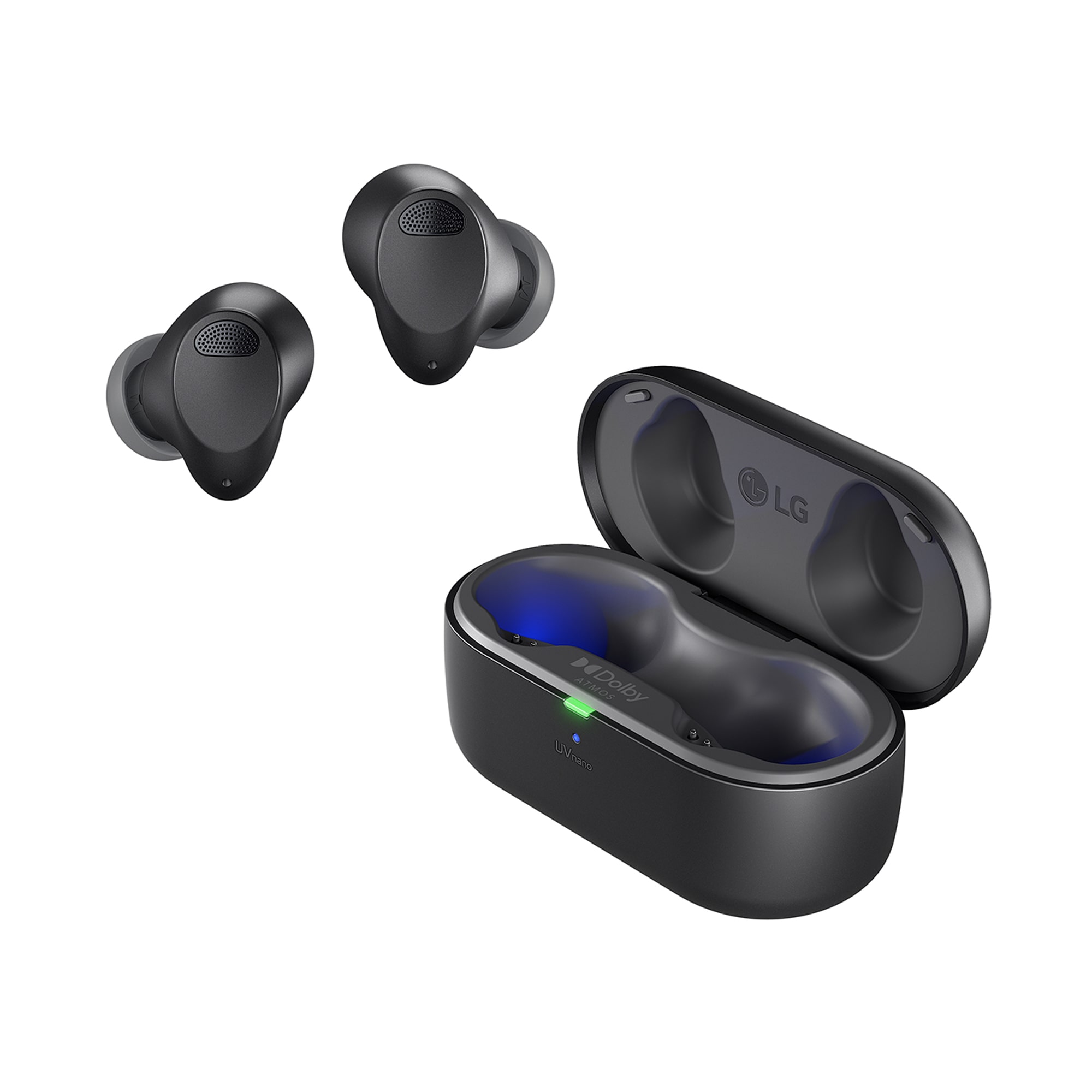 LG TONE Free T90S Auriculares True Wireless con Dolby Atmos, cancelación Activa del Ruido, base de carga con autolimpieza UVnano elimina el 99,9% de las bacterias, triple micrófono para llamadas en la oficina o el teletrabajo, modos conversación privada y sonido ambiente, TONE-T90S.AEUSLBK