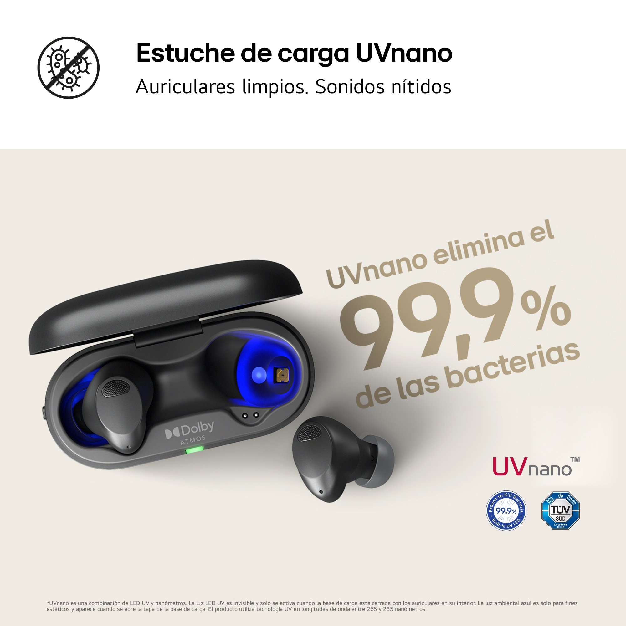 LG TONE Free T90S Auriculares True Wireless con Dolby Atmos, cancelación Activa del Ruido, base de carga con autolimpieza UVnano elimina el 99,9% de las bacterias, triple micrófono para llamadas en la oficina o el teletrabajo, modos conversación privada y sonido ambiente, TONE-T90S.AEUSLBK