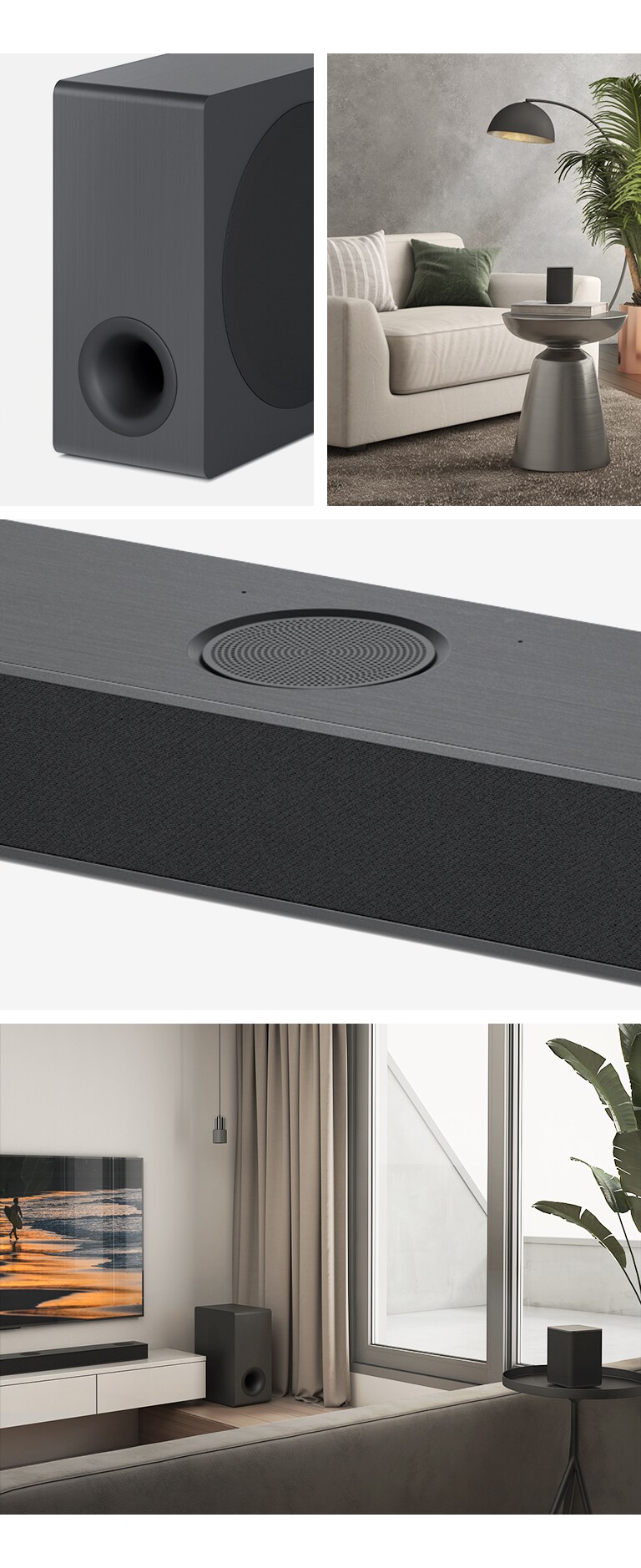 Collage. Desde la izquierda, una imagen de un subwoofer, el altavoz trasero está colocado en la mesa de café de la sala de estar. A la derecha, de arriba a abajo: primer plano del canal central de disparo hacia arriba. El kit de barra de sonido LG y el televisor LG se colocan en la sala de estar. El TV Screem muestra la puesta de sol en la playa.