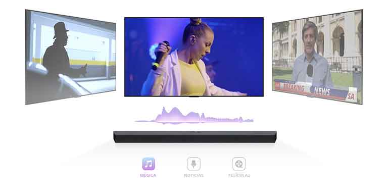 La televisión muestra un concierto, el canal se cambia a Noticias y un presentador habla, y el canal se cambia una vez más a una escena de película. LG Sound Bar está justo debajo de la TV en el espacio infinito. (reproduce el video)