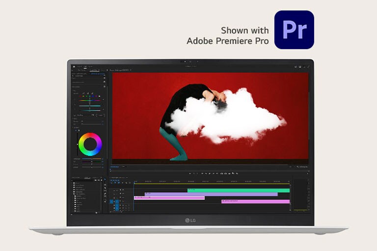 Procesamiento de carga de trabajo pesada como edición de vídeo y diseño 3D sin lag - mostrado con Adobe Premiere Pro.