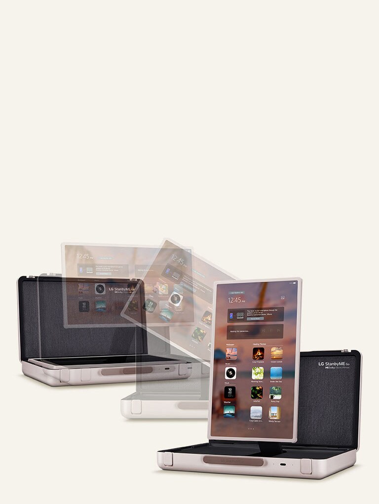 Una imagen estroboscópica del LG StanbyME Go. Al avanzar hacia el lado derecho, la pantalla gira de horizontal a vertical.