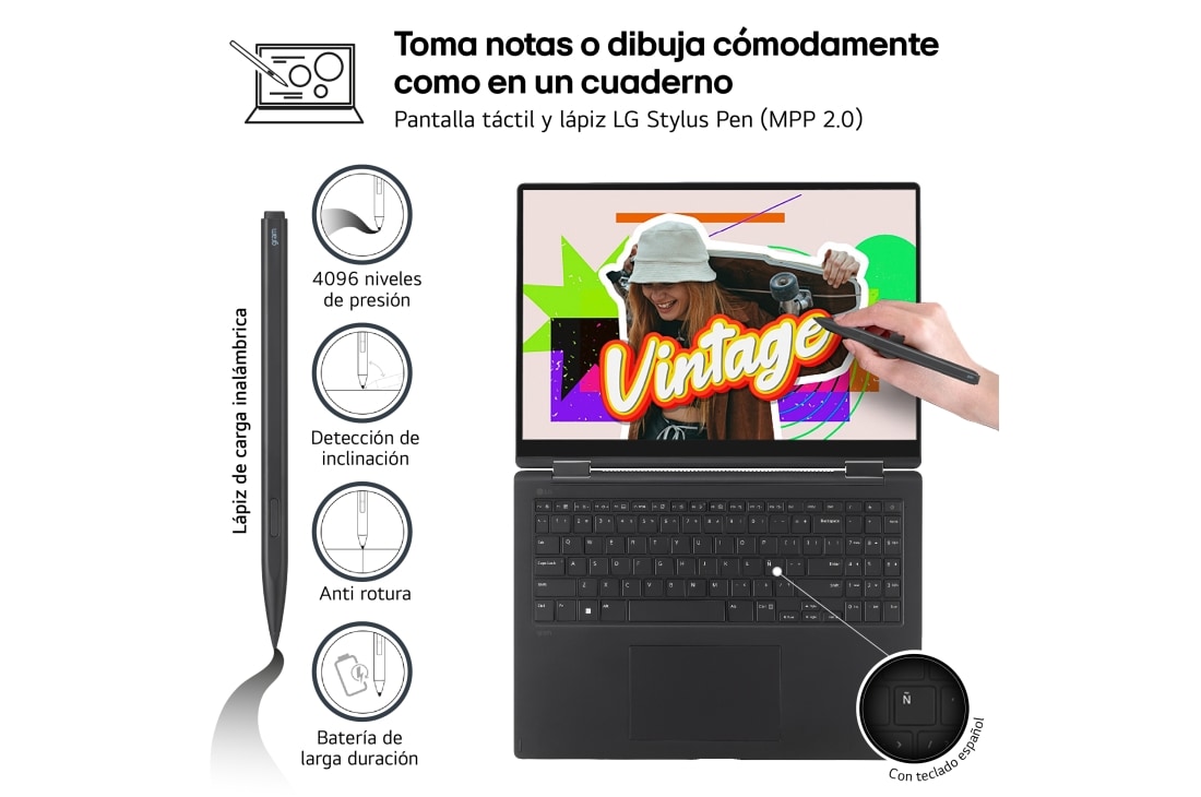 LG gram Pro 2 en 1 de 16 pulgadas Laptop OLED Ligero con Pantalla táctil y 16GB RAM Intel® Core™ Ultra 7 | Windows 11, 512GB SSD, 16T90SP-K.AA75B