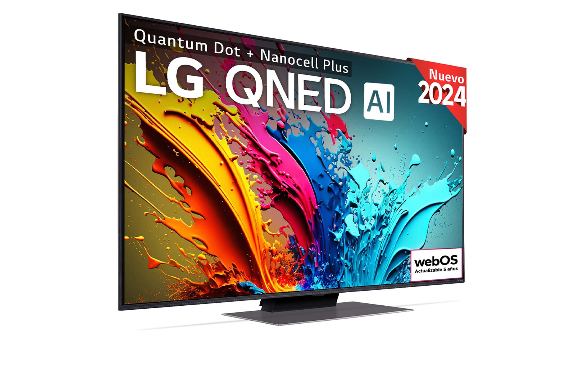 Vista frontal de un televisor LG QNED TV, QNED86 con el texto “LG QNED, 2024” y el logotipo del webOS Re:New Program en pantalla