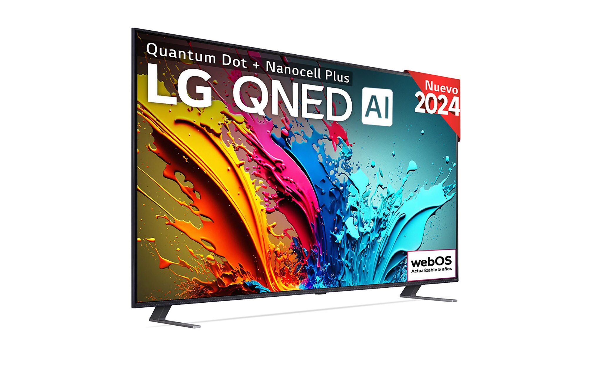 Front view of LG QNED TV, QNED85 with text of LG QNED, 2024, and webOS Re:New Program logo on screen