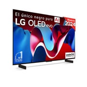 Vista frontal con la televisión LG OLED evo AI, la OLED C4, el emblema de la OLED número 1 del mundo durante 11 años y el logotipo del programa webOS Re:New en la pantalla