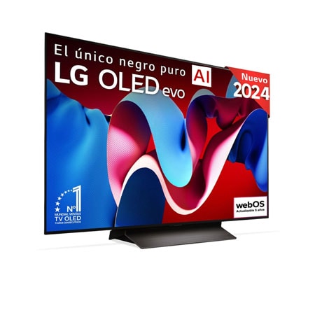 Vista frontal con la televisión LG OLED evo AI, la OLED C4, el emblema de la OLED número 1 del mundo durante 11 años y el logotipo del programa webOS Re:New en la pantalla