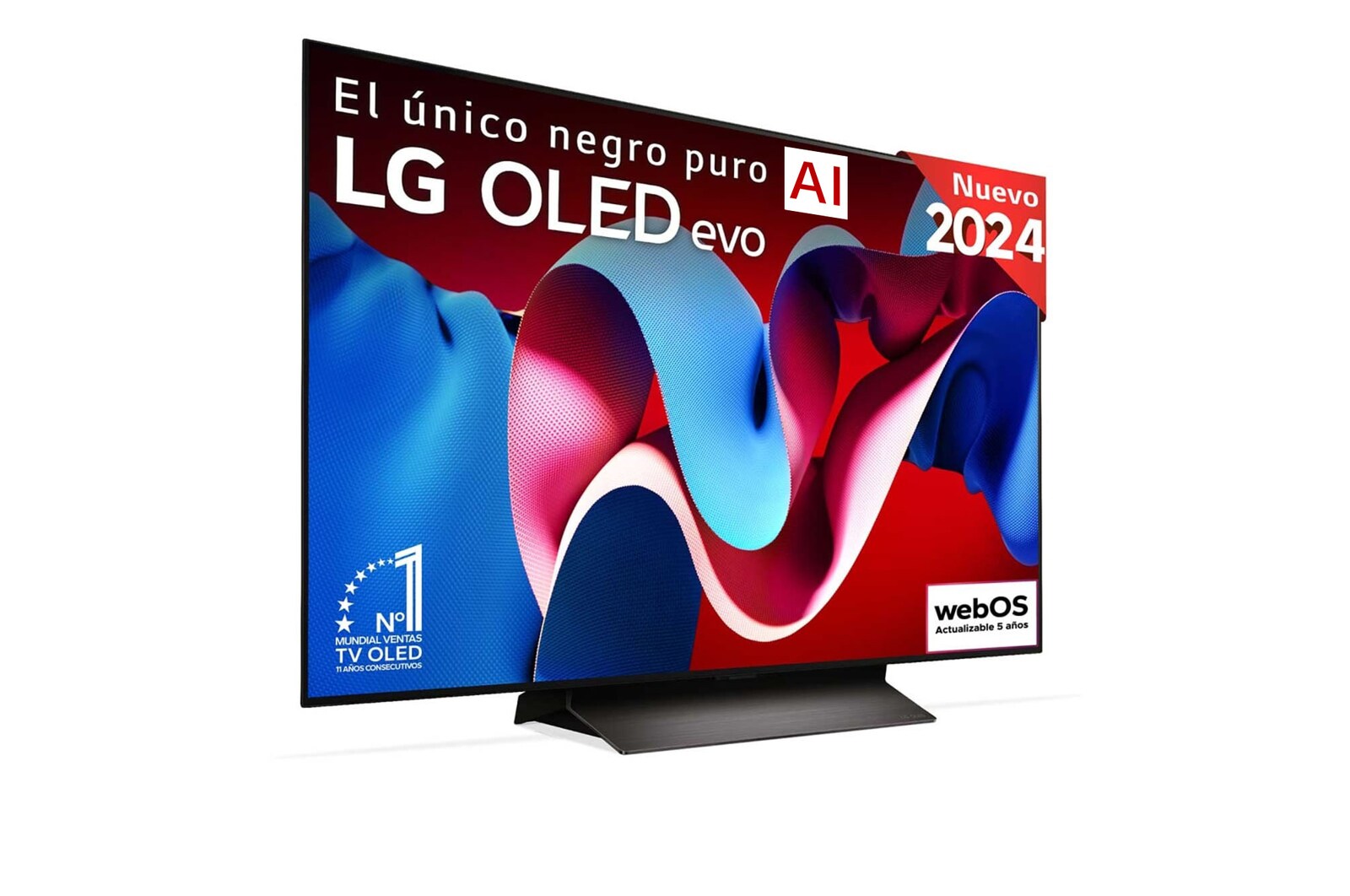 Vista frontal con la televisión LG OLED evo AI, la OLED C4, el emblema de la OLED número 1 del mundo durante 11 años y el logotipo del programa webOS Re:New en la pantalla