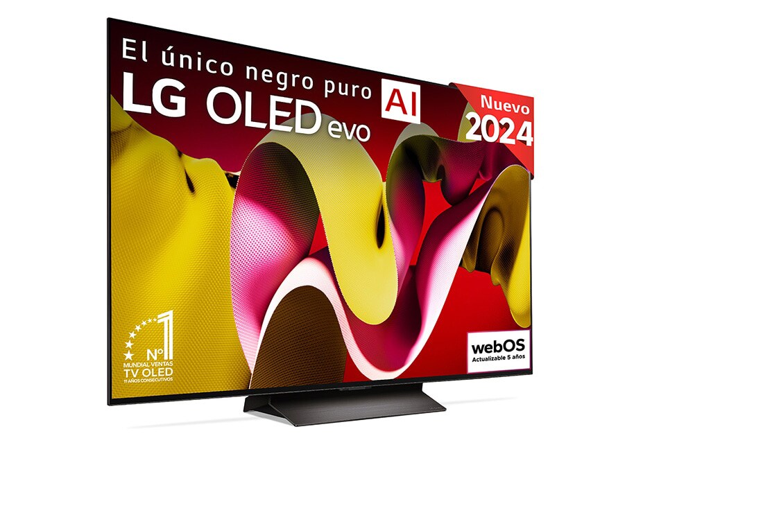 Vista frontal con la televisión LG OLED evo AI, la OLED C4, el logotipo de la OLED número 1 del mundo durante 11 años y el logotipo del programa webOS Re:New en la pantalla