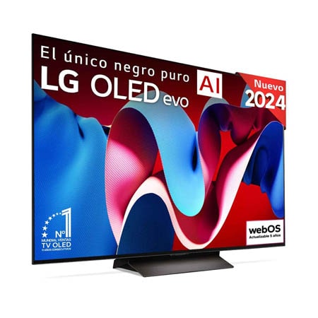 Vista frontal con la televisión LG OLED evo AI, la OLED C4, el logotipo de la OLED número 1 del mundo durante 11 años y el logotipo del programa webOS Re:New en la pantalla