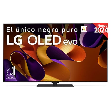 Vista frontal de un LG OLED evo AI TV, OLED G4, con el emblema “11 Years of world number 1 OLED”, el logotipo del programa webOS Re:New Program y el logotipo de la Garantía de 5 años en pantalla