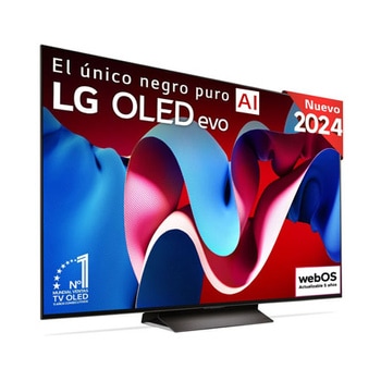 Vista frontal del televisor LG OLED evo C4 AI OLED65C44LA, con el emblema de 11 años como el número 1 mundial en OLED y el logotipo de webOS.