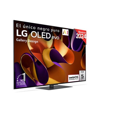 Vista frontal de un LG OLED evo AI TV, OLED G4, con el emblema “11 Years of world number 1 OLED”, el logotipo del programa webOS Re:New Program y el logotipo de la Garantía de 5 años en pantalla con la barra de sonido debajo