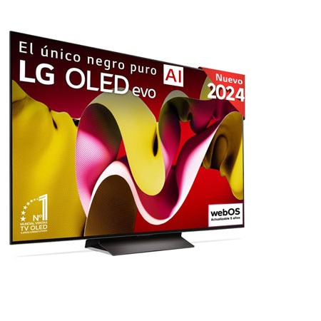 Vista frontal con la televisión LG OLED evo AI, la OLED C4, el logotipo de 11 años siendo el número 1 mundial de OLED y el logotipo del programa webOS Re:New en la pantalla, así como la Soundbar debajo