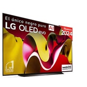 Vista frontal con la televisión LG OLED evo AI, la OLED C4, el emblema de la OLED número 1 del mundo durante 11 años y el logotipo del programa webOS Re:New en la pantalla