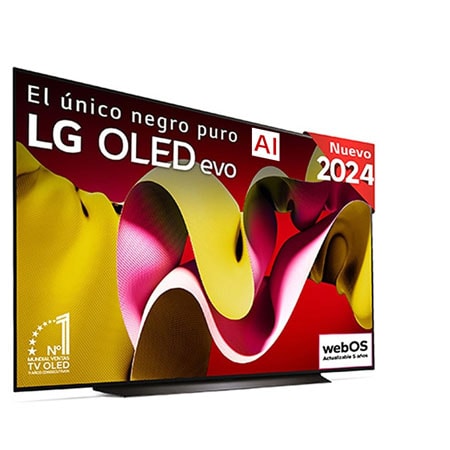 Vista frontal del televisor LG OLED evo C4 AI OLED83C44LA, con el emblema de 11 años como el número 1 mundial en OLED y el logotipo de webOS.