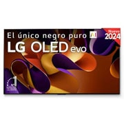 Vista frontal de un LG OLED evo AI TV, OLED G4, con el emblema “11 Years of world number 1 OLED”, el logotipo del programa webOS Re:New Program y el logotipo de la Garantía de 5 años en pantalla con la barra de sonido debajo