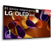 Vista frontal de un LG OLED evo AI TV, OLED G4, con el emblema “11 Years of world number 1 OLED”, el logotipo del programa webOS Re:New Program y el logotipo de la Garantía de 5 años en pantalla con la barra de sonido debajo