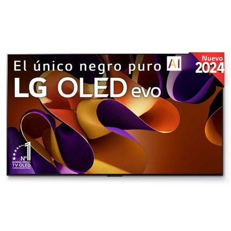 Vista frontal de un LG OLED evo AI TV, OLED G4, con el emblema “11 Years of world number 1 OLED”, el logotipo del programa webOS Re:New Program y el logotipo de la Garantía de 5 años en pantalla