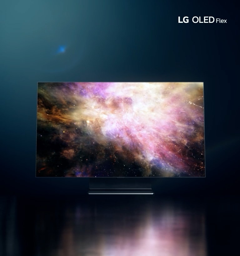 Un haz de luz aparece sobre un fondo negro y se convierte en una línea recta que representa el LG OLED Flex visto desde arriba en su posición plana. A continuación, la línea se curva y la cámara se desplaza hacia abajo para mostrar el LG OLED Flex.