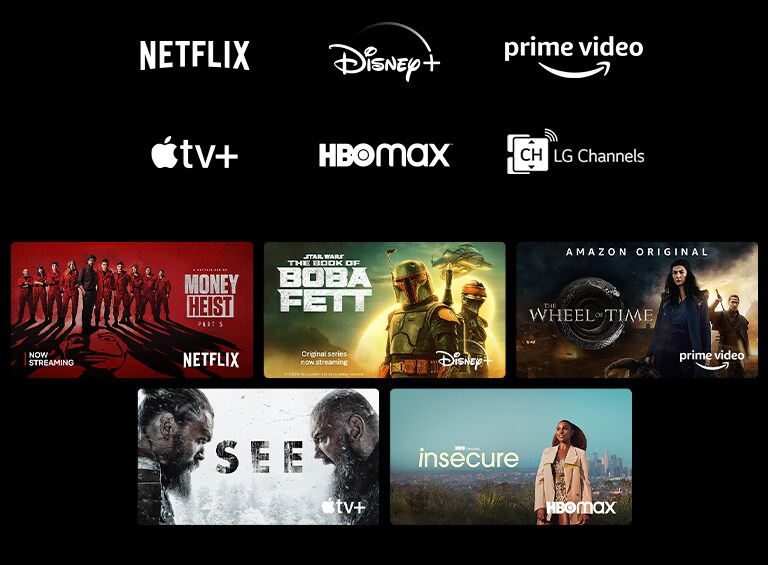 Un poster de La casa de papel de Netflix, El libro de Boba Fett de Disney Plus, La rueda del tiempo de Prime Video, See de Apple TV Plus e Insecure de HBO Max
