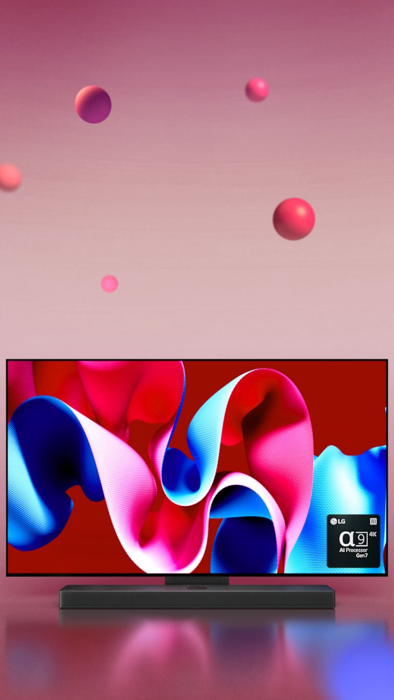 LG OLED C4 orientado 45 grados a la derecha con una ilustración abstracta morada y naranja en pantalla sobre un fondo naranja con esferas 3D, luego el televisor OLED gira para mirar al frente. En la parte inferior derecha aparece el logotipo del procesador LG alpha 9 AI.