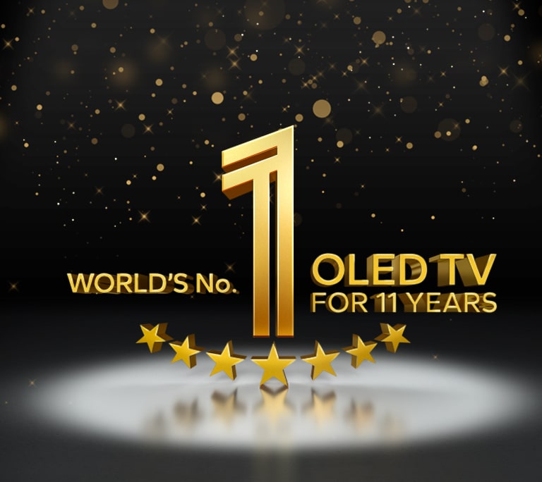 Un emblema dorado sobre un fondo negro que informa de que LG es la marca número 1 de televisores OLED en el mundo durante 11 años.