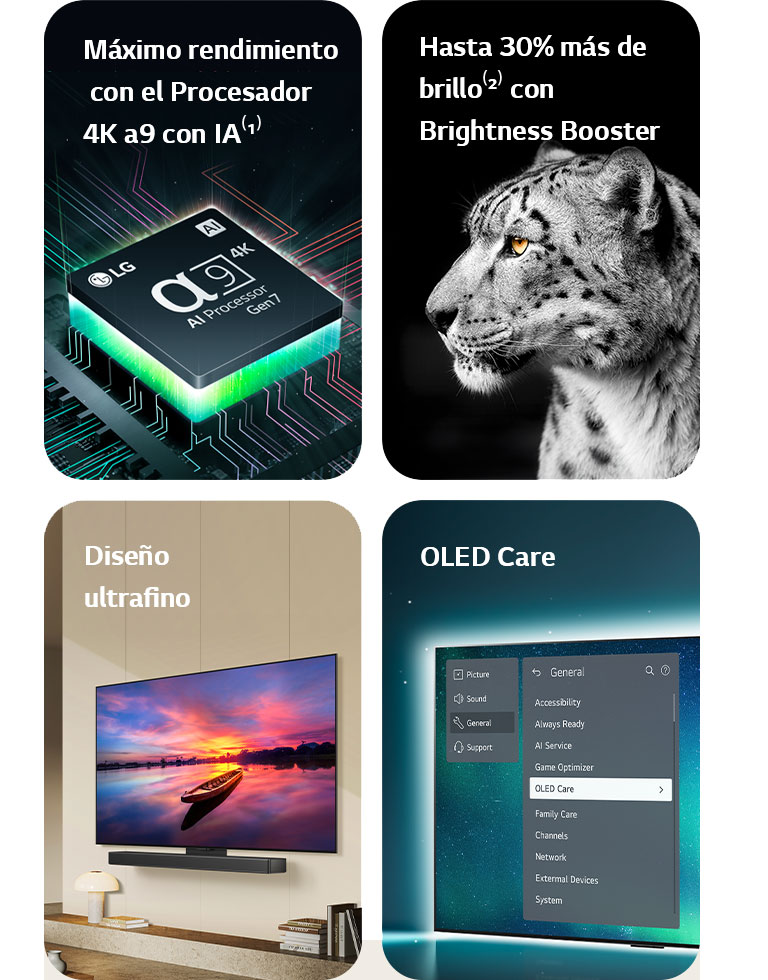 Alpha 9 AI Processor 4K de LG sobre una placa base que emite rayos de luz verdes.   Brightness Booster con una imagen lateral de un leopardo blanco.  Diseño ultrafino y LG Soundbar montados planos contra la pared en un salón moderno.  El televisor OLED con el menú OLED Care se selecciona en el menú de soporte que aparece en la pantalla.