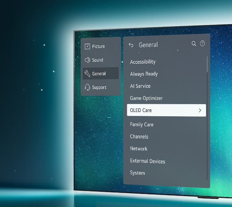 El televisor OLED se encuentra en el lado derecho de la imagen. El menú Soporte aparece en la pantalla y se selecciona el menú OLED Care.