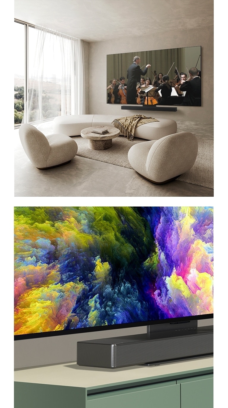 Una perspectiva en ángulo de la esquina inferior del televisor OLED de LG, OLED C4, que muestra una obra de arte abstracta de un bosque en la pantalla. El televisor está conectado a una barra de sonido LG a través del soporte Synergy y tiene una obra de arte abstracta de un bosque en la pantalla.   Televisor OLED LG, OLED C4 y una barra de sonido LG en un espacio limpio y plano contra la pared con una actuación orquestal en la pantalla.