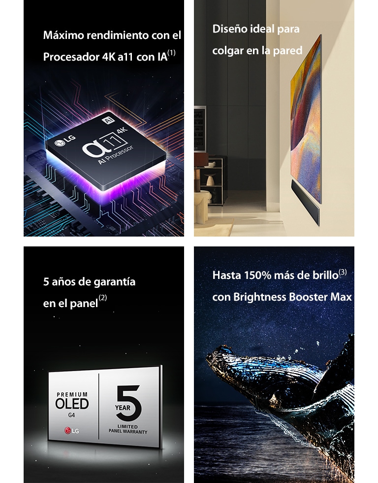 Procesador AI alpha 11 4K de LG sobre una placa base, emitiendo destellos de luz morados y rosa.	  Diseño en pared de LG OLED G4 y LG Soundbar montada en plano contra la pared de un salón moderno.  Televisor LG OLED Care+ con el logotipo Garantía de 5 años sobre un fondo negro.  Brightness Booster Max con una imagen de ballena saltando fuera del agua ante un cielo nocturno estrellado.